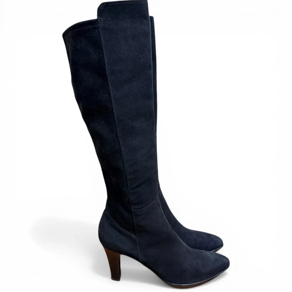 AQUATALIA Womens Black Suede Boots Knee High Almond Toe Weatherproof Dressy Heel